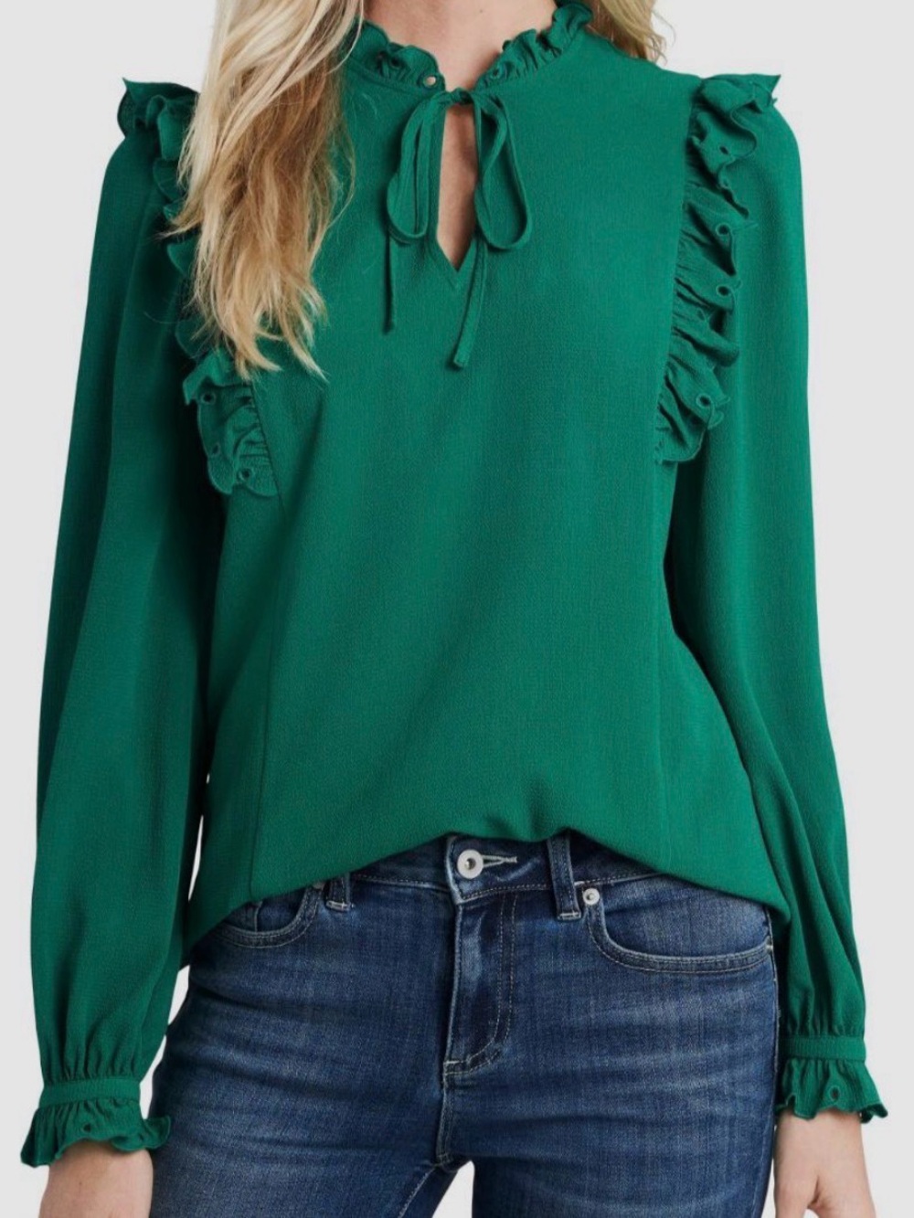 CeCe Green Ruffle Trim Long Sleeve Blouse Size Small Eyelet Detail Top